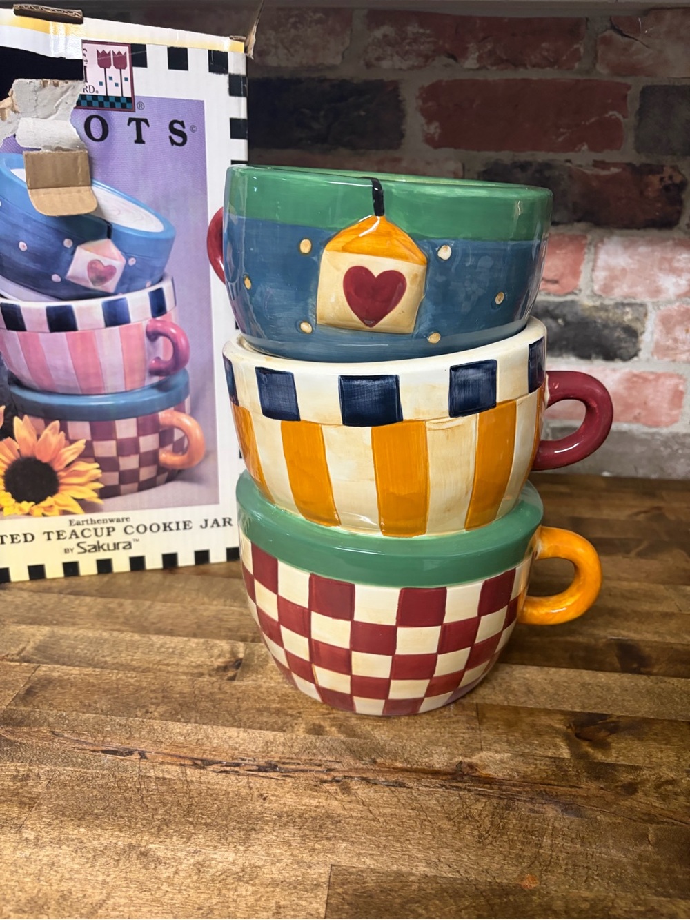 Sakura Multicolor Stacked Teacup Cookie Jar – Green, Blue, Yellow, Red
